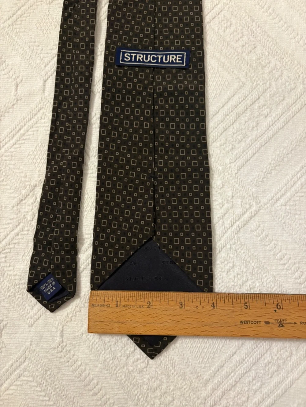 Vintage Structure Men's Silk Necktie - Olive Green Geometric Square Pattern